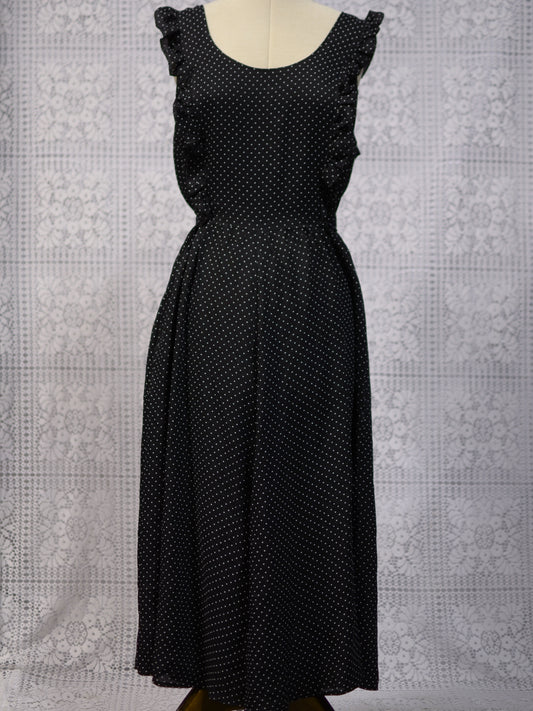 1970s black and white polkadot frilled pinafore maxi dress