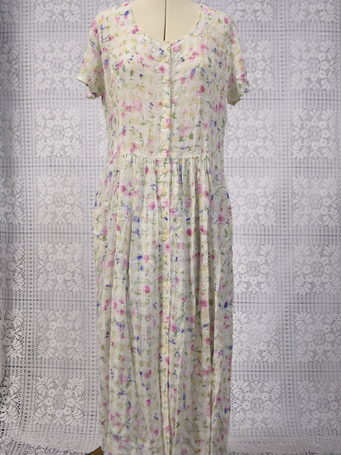 Y2K St Michael cream and pink gingham floral button through short sleeve maxi dress