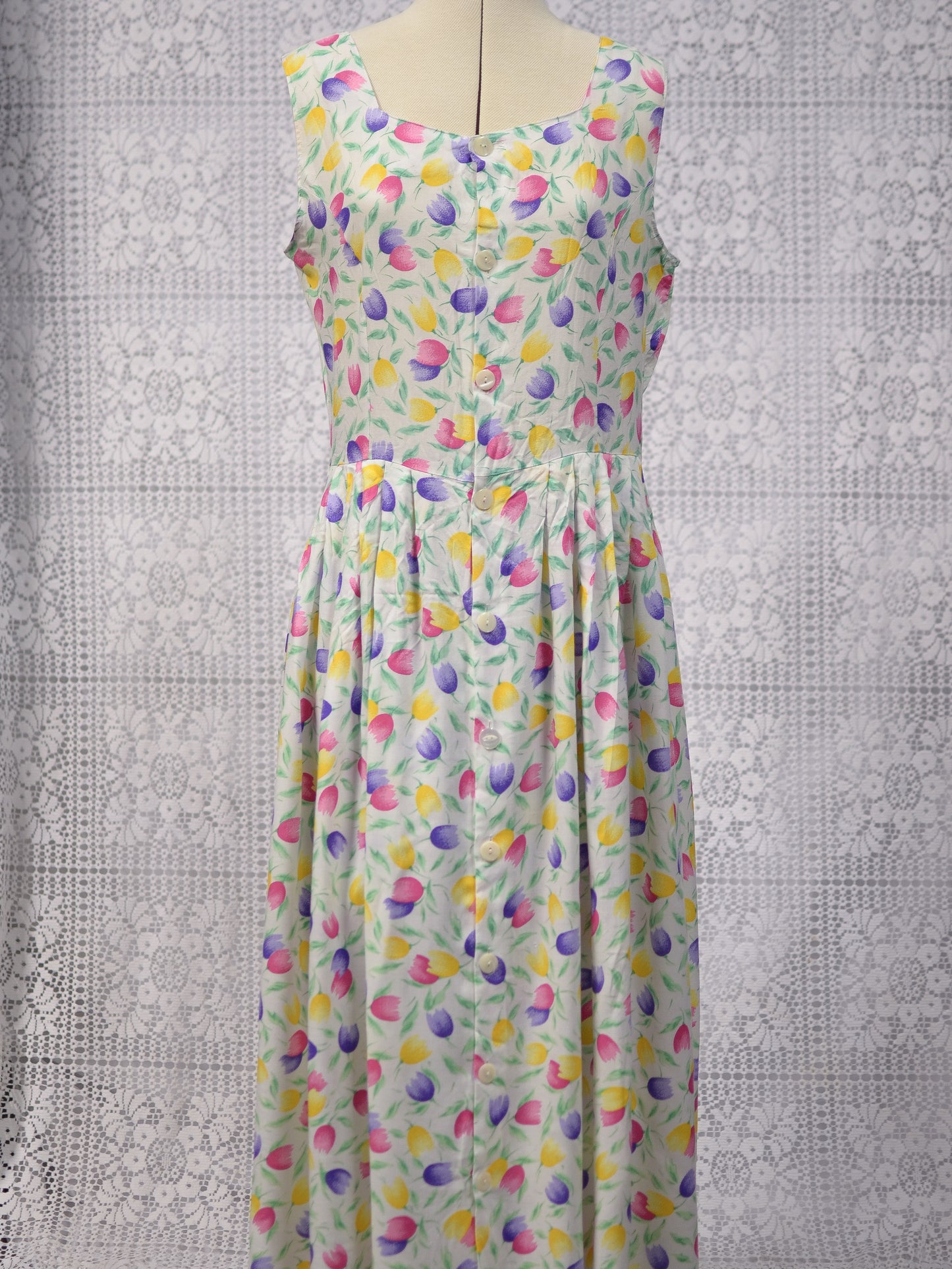 1990s St Michael colourful tulip print button through sleeveless midi dress