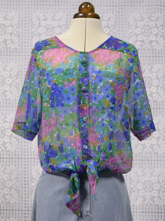 1980s blue, pink and green floral sheer button-up tie waist short sleeve blouse
