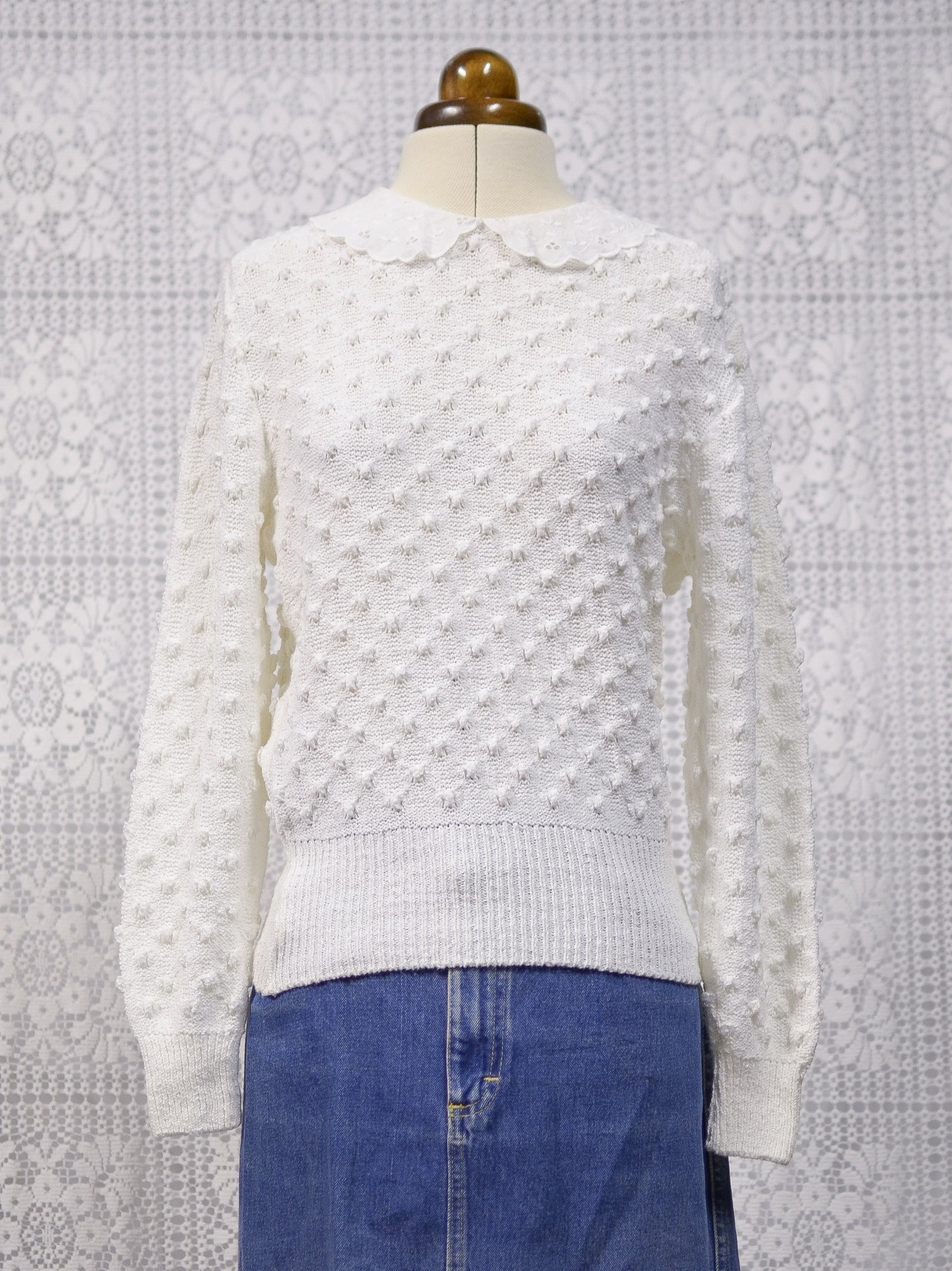 1990s St Michael white broderie anglaise collar textured knit jumper