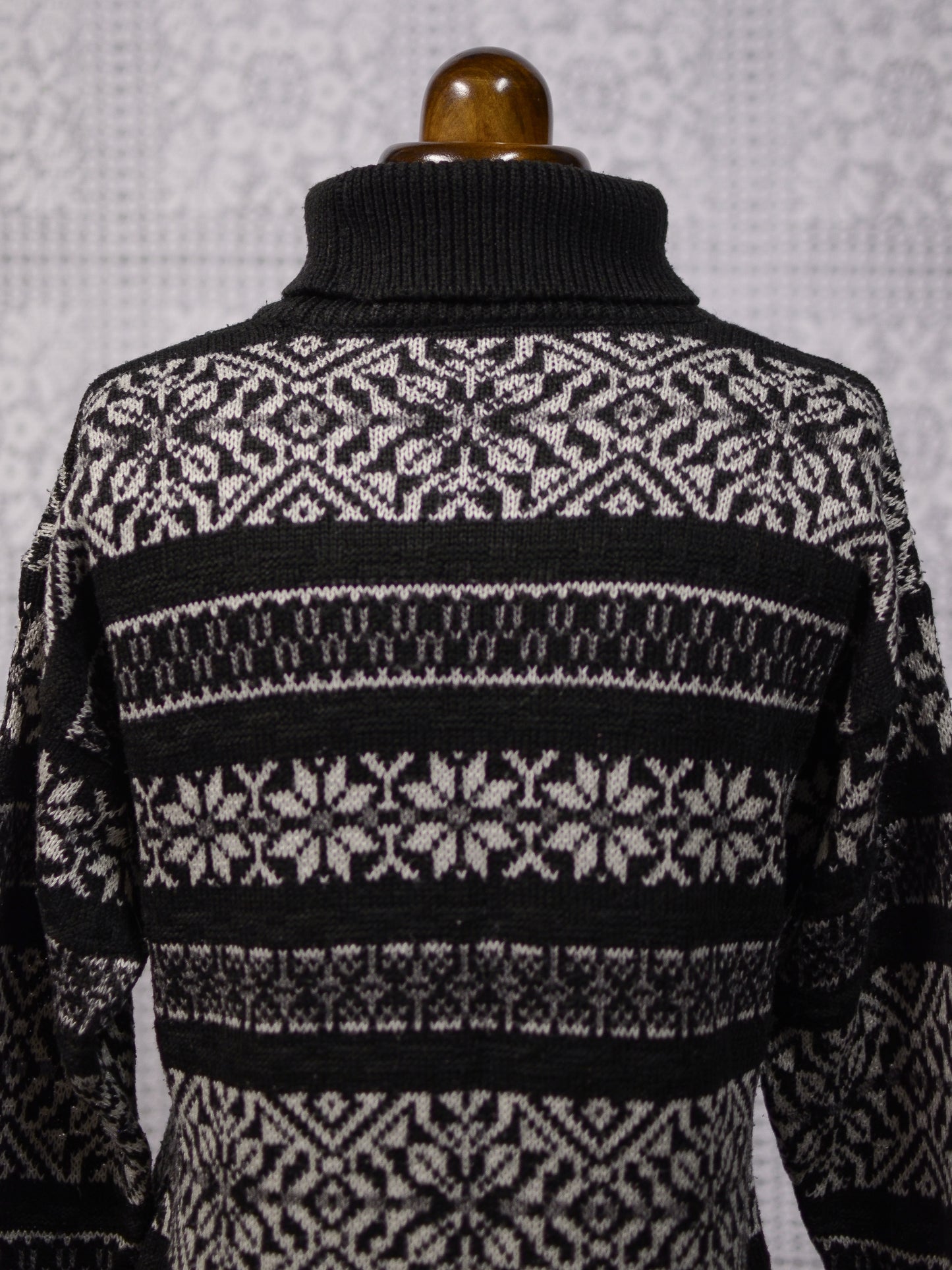 1990s St Michael black and white snowflake nordic striped roll neck jumper