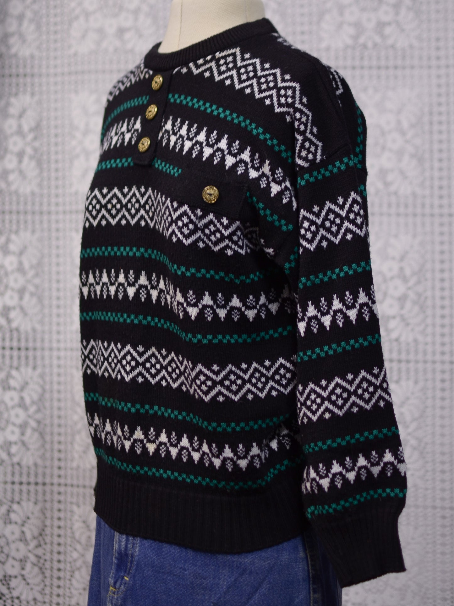 1980s black, white and green striped pattern pocket jumper
