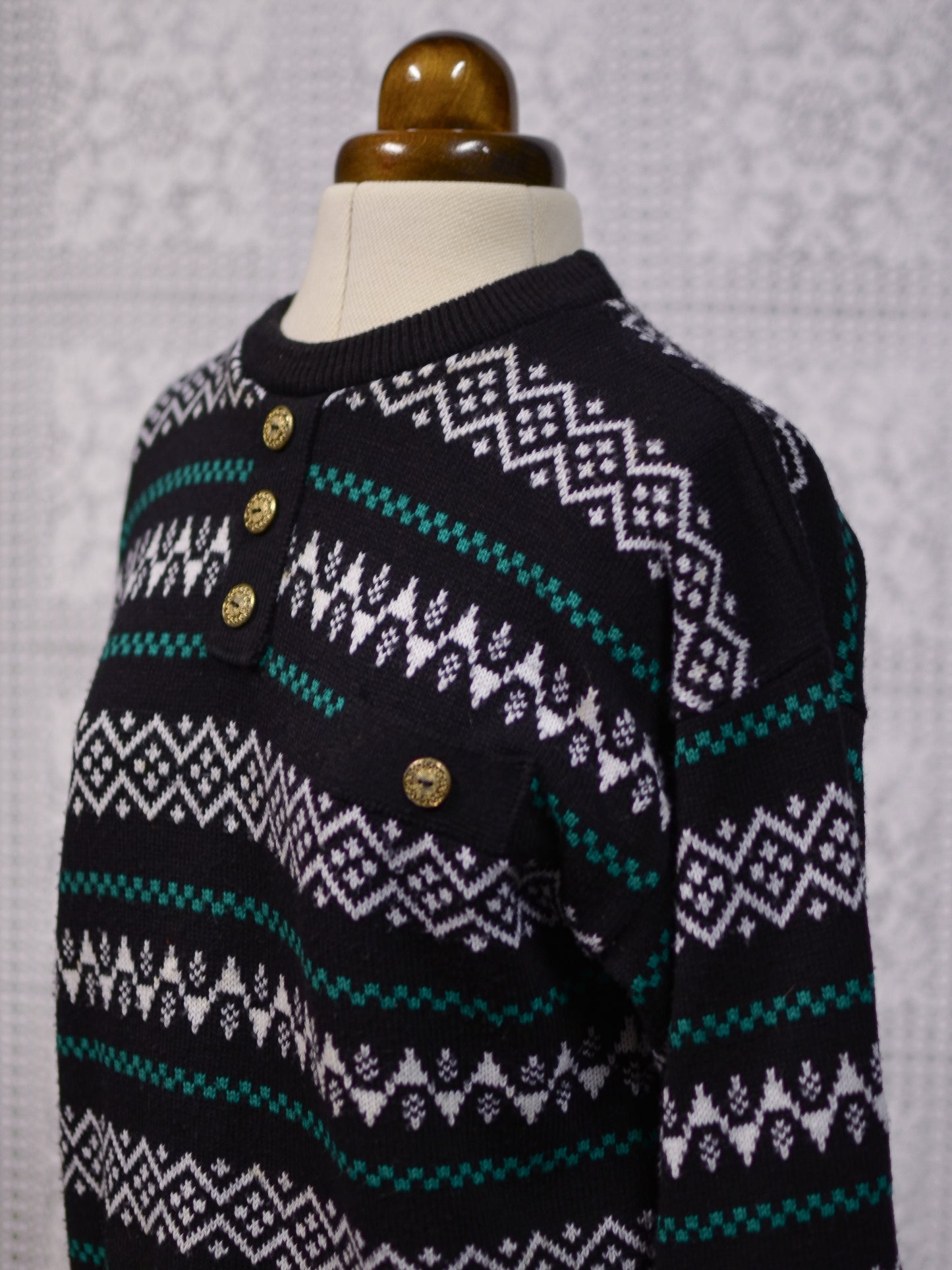 1980s black, white and green striped pattern pocket jumper