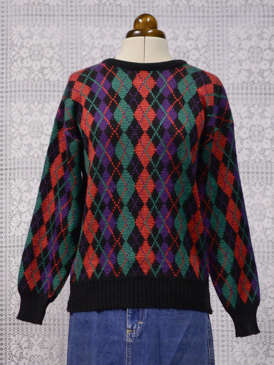 1980s black, red, green and purple argyle pattern jumper