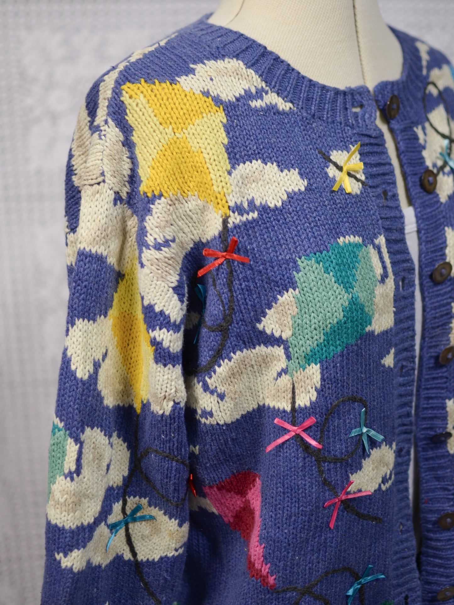 1990s Talbots blue clouds and kites colourful pattern cardigan