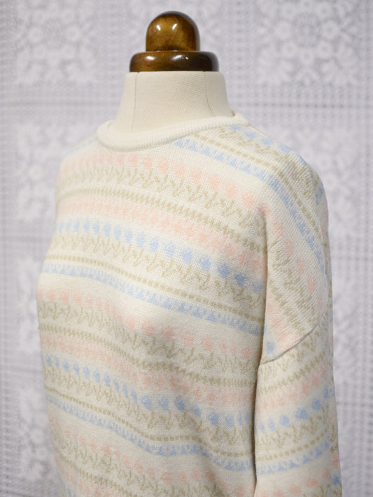 1980s Littlewoods cream, pink and blue tulip floral stripe jumper