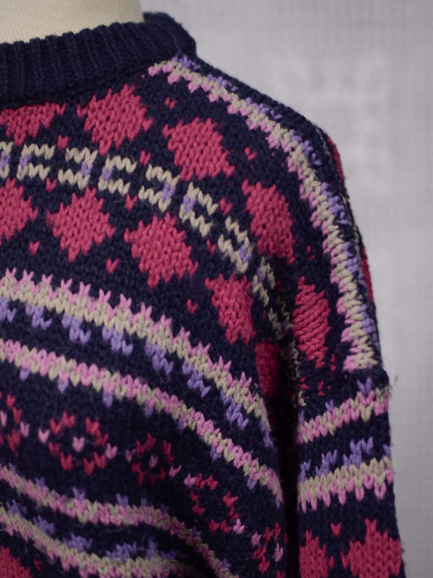 1990s Classics navy blue, pink and purple chunky striped pattern jumper