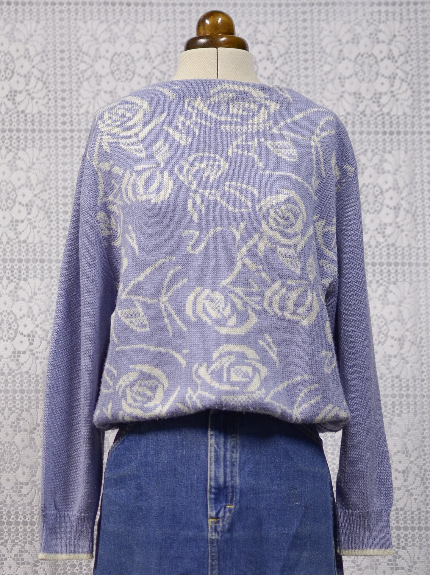 1980s cornflower blue and white rose floral pattern jumper
