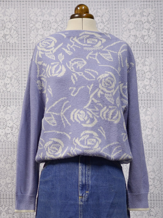 1980s cornflower blue and white rose floral pattern jumper