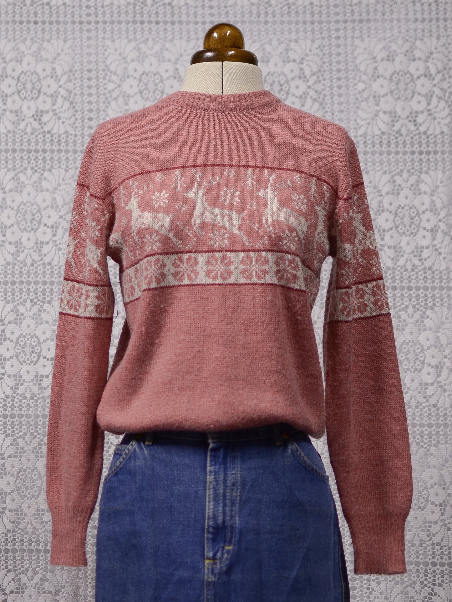 1970s St Michael pink festive christmas reindeer jumper