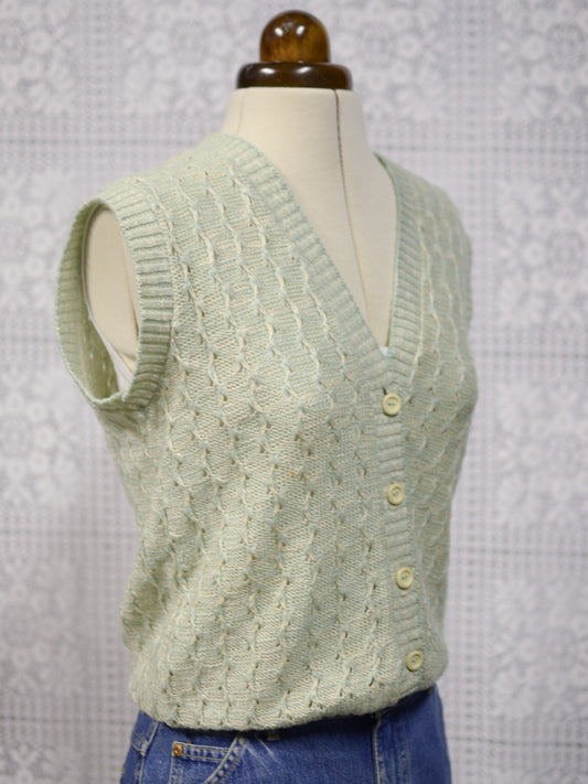 1970s mint green and cream button-up vest sleeveless cardigan tank top