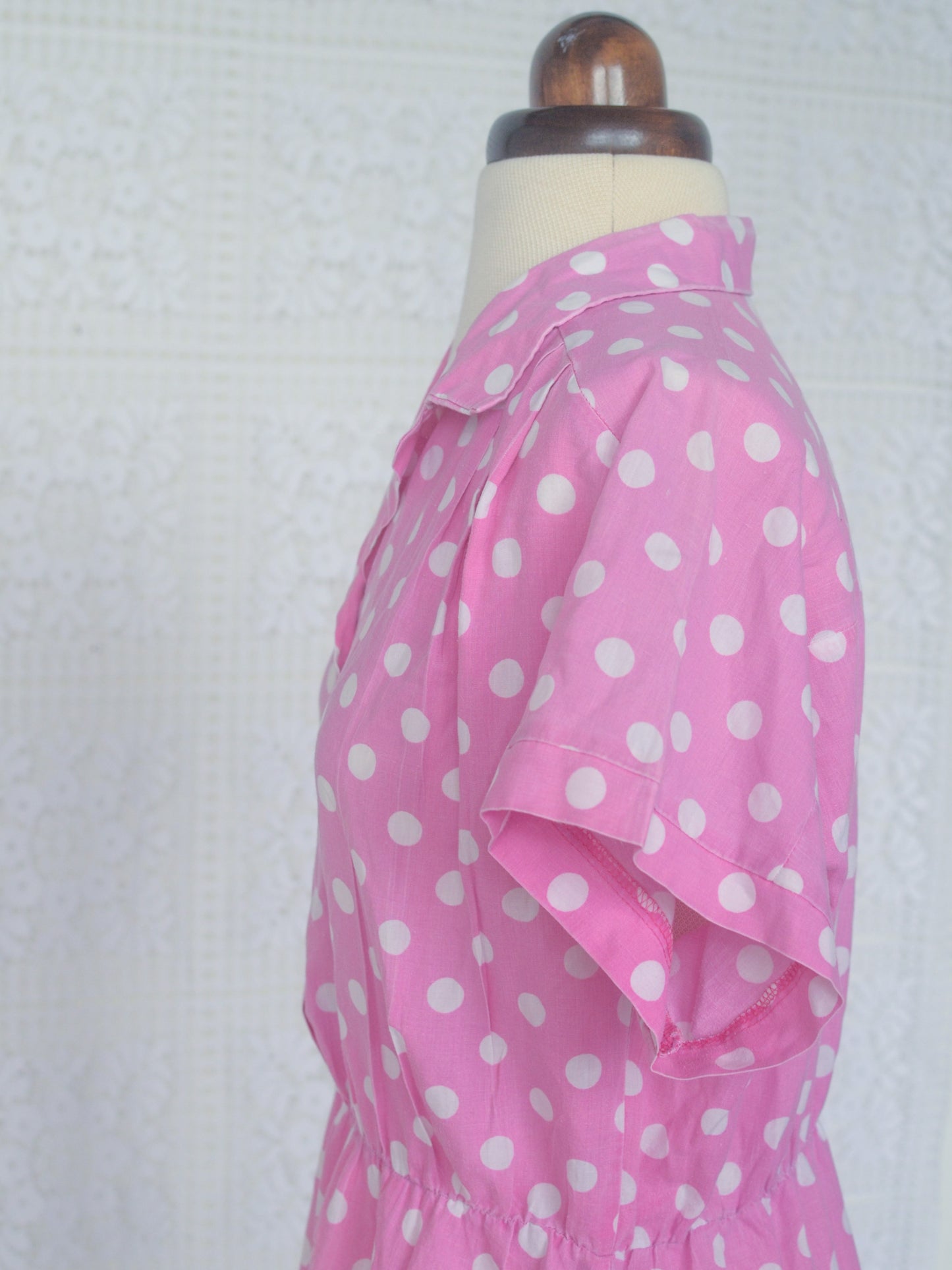 1980s style pink and white polkadot short sleeve shirt midi dress