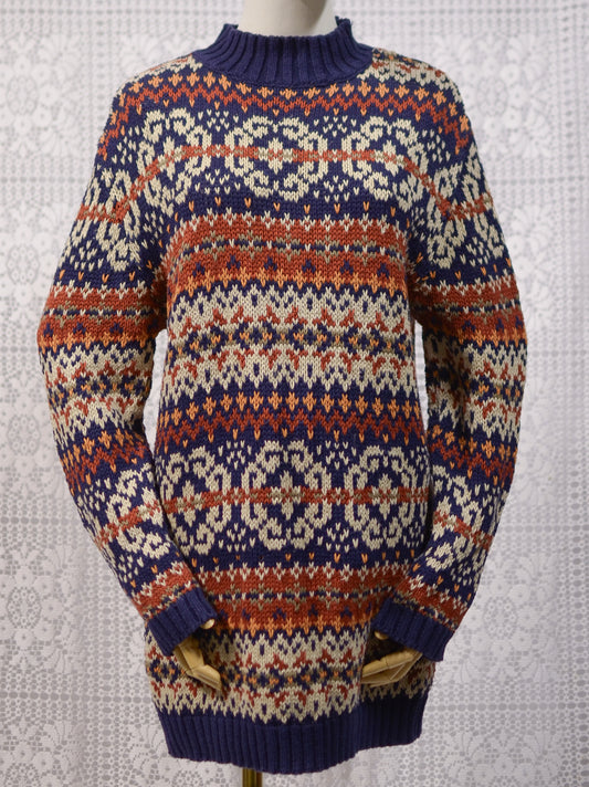Y2K Etam navy blue and brown cotton ramie long chunky jumper