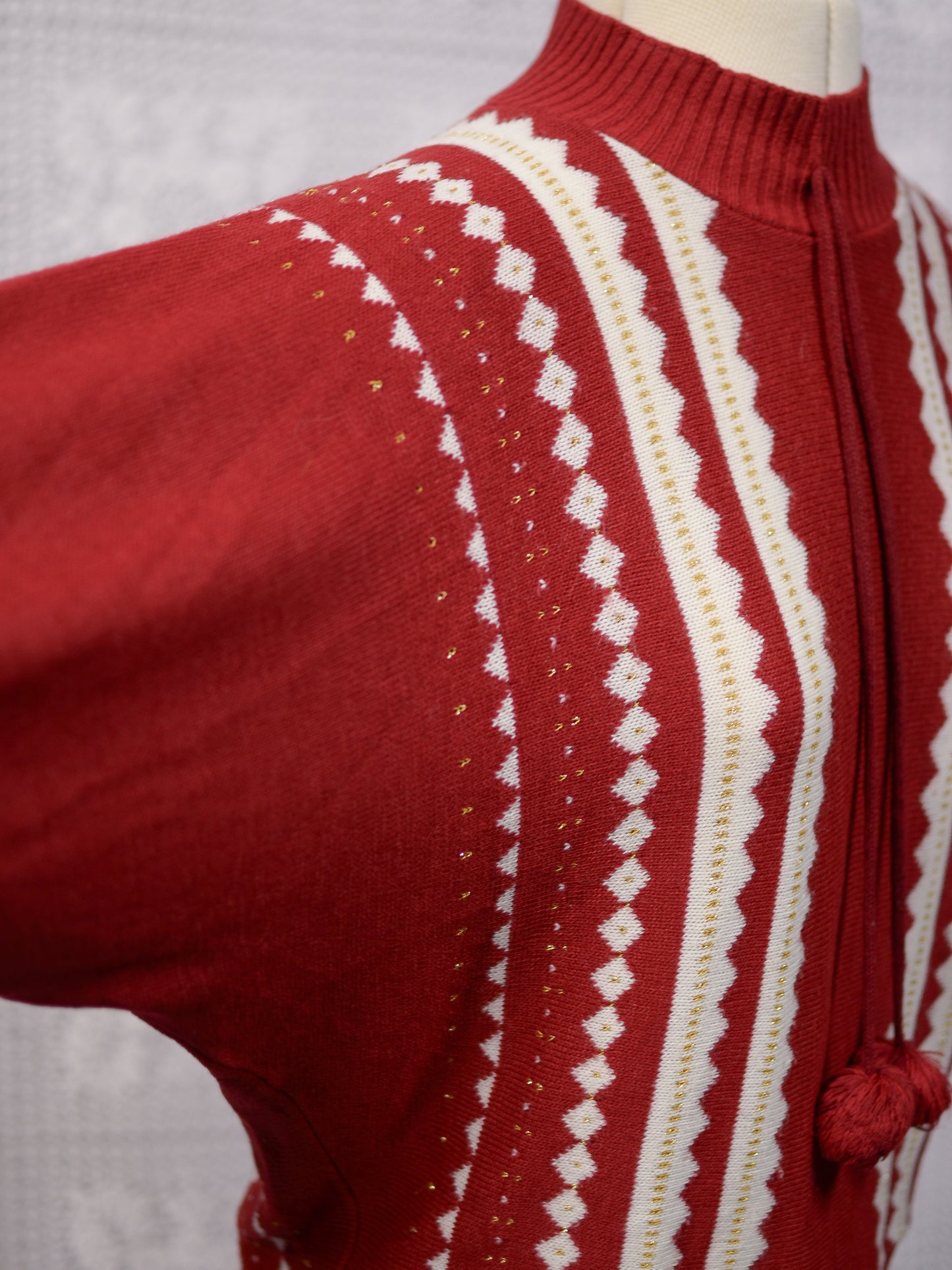 1980s Etam red, white and gold frill neck pompom jumper