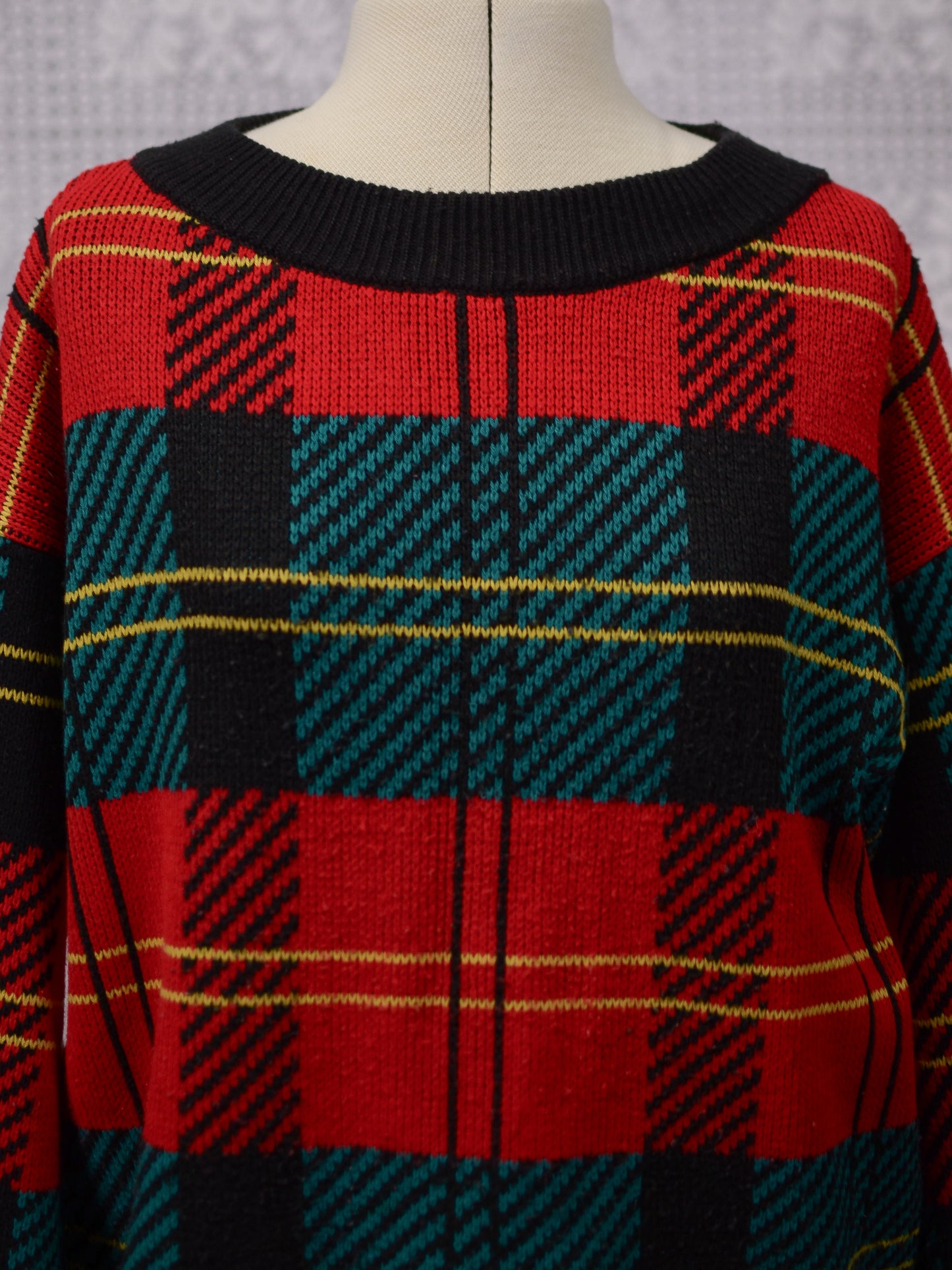 1980s St Michael red, green, black and yellow tartan jumper