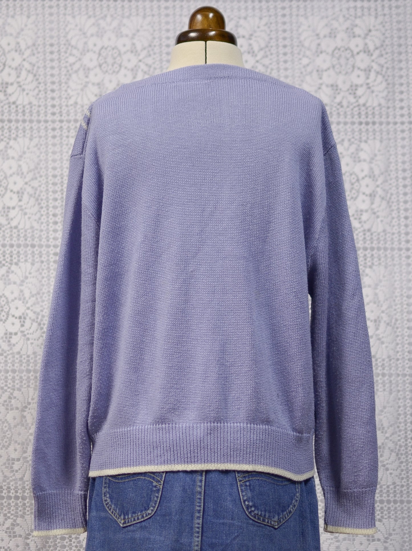 1980s cornflower blue and white rose floral pattern jumper