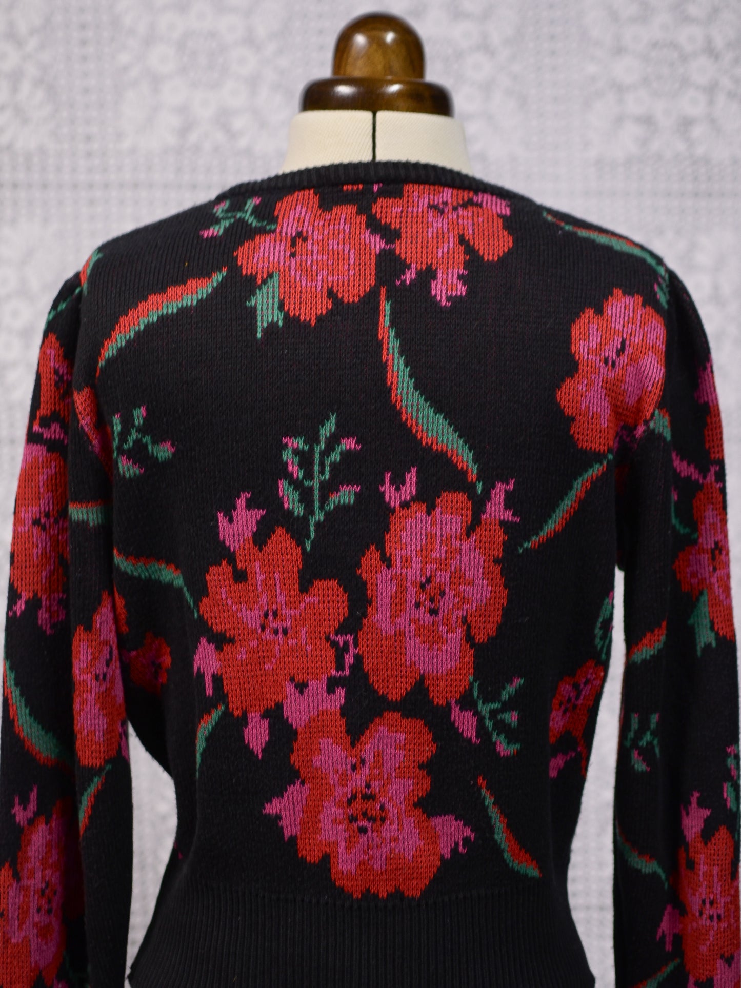 1990s St Michael black, red, pink and green floral fitted jumper