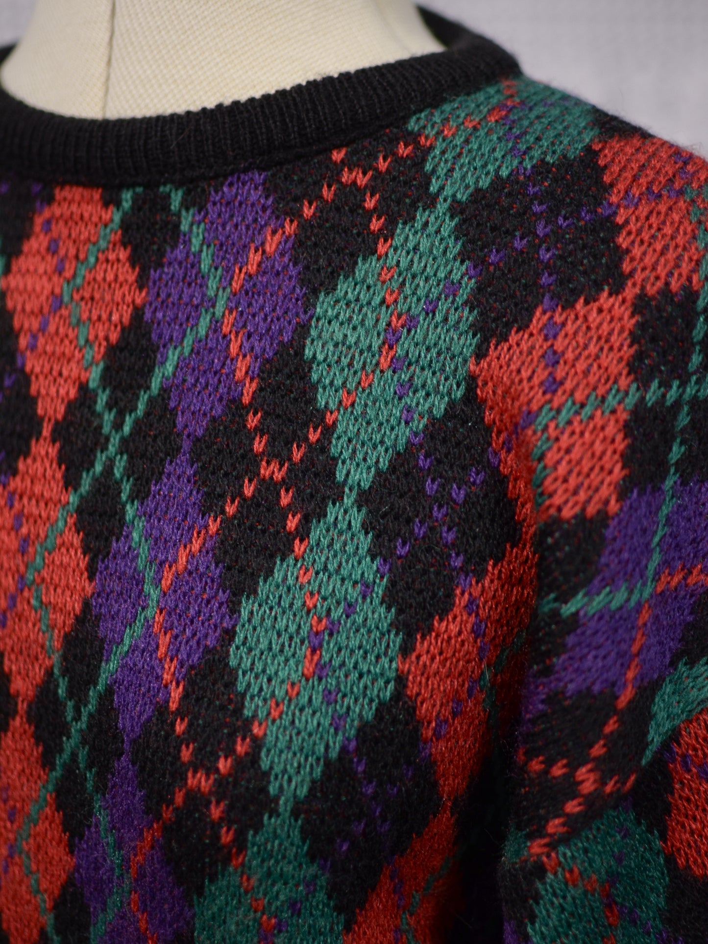 1980s black, red, green and purple argyle pattern jumper