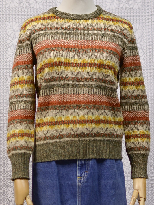1970s BHS brown, orange and yellow patterned stripe jumper