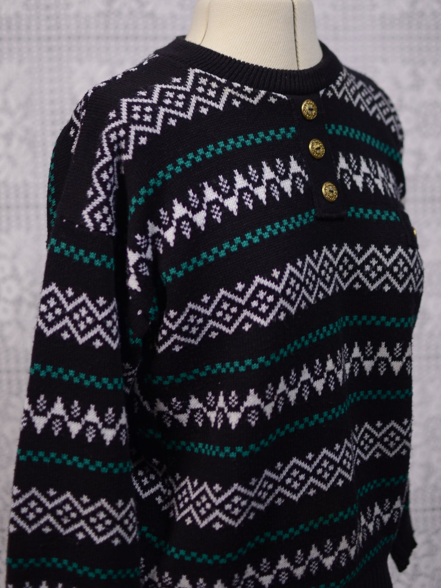 1980s black, white and green striped pattern pocket jumper