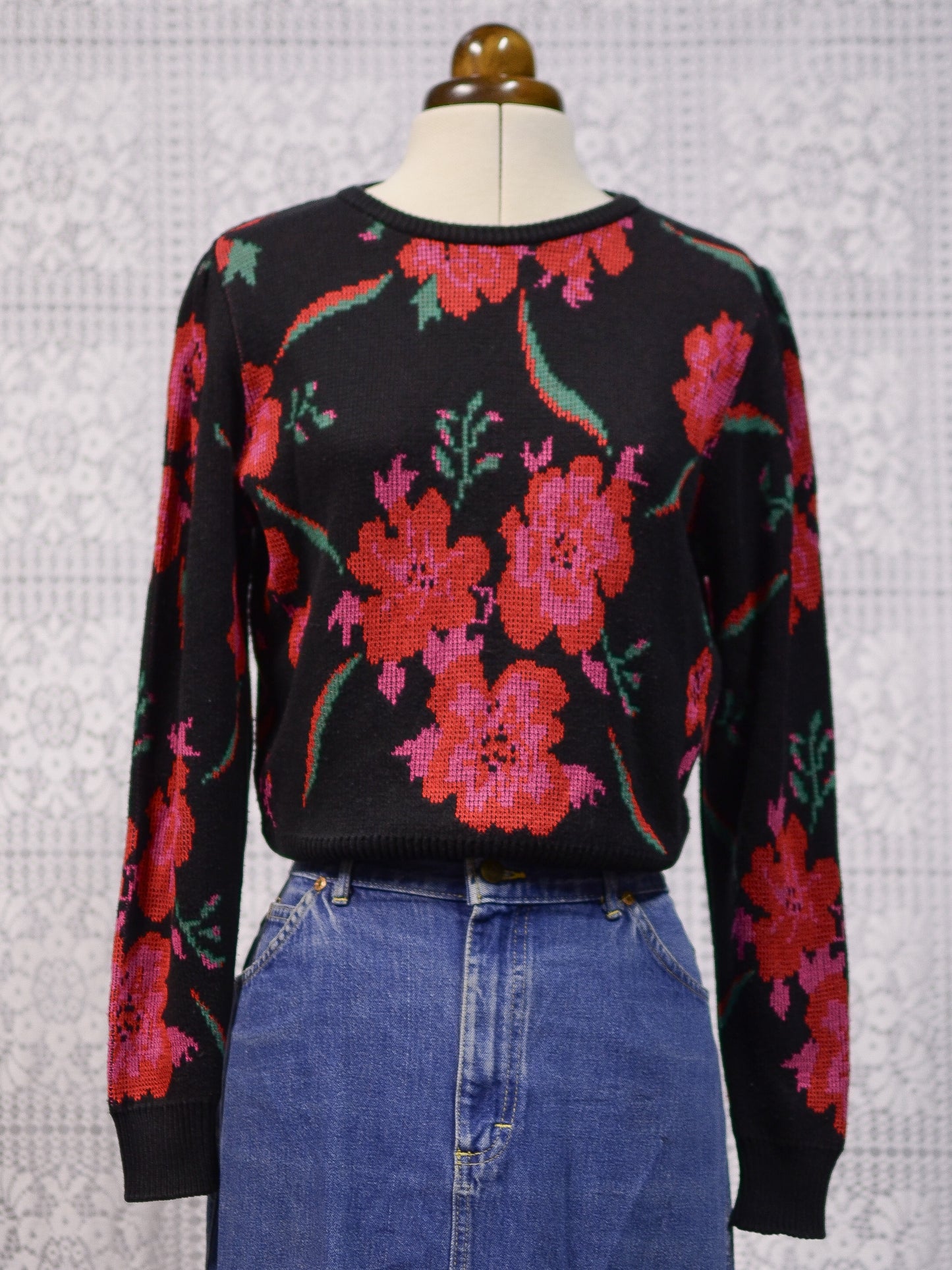 1990s St Michael black, red, pink and green floral fitted jumper