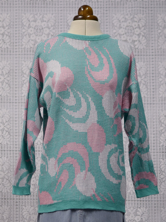 1980s mint green, pink and white abstract pattern jumper