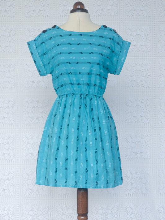 1980s turquoise and black aztec pattern short sleeve mini dress