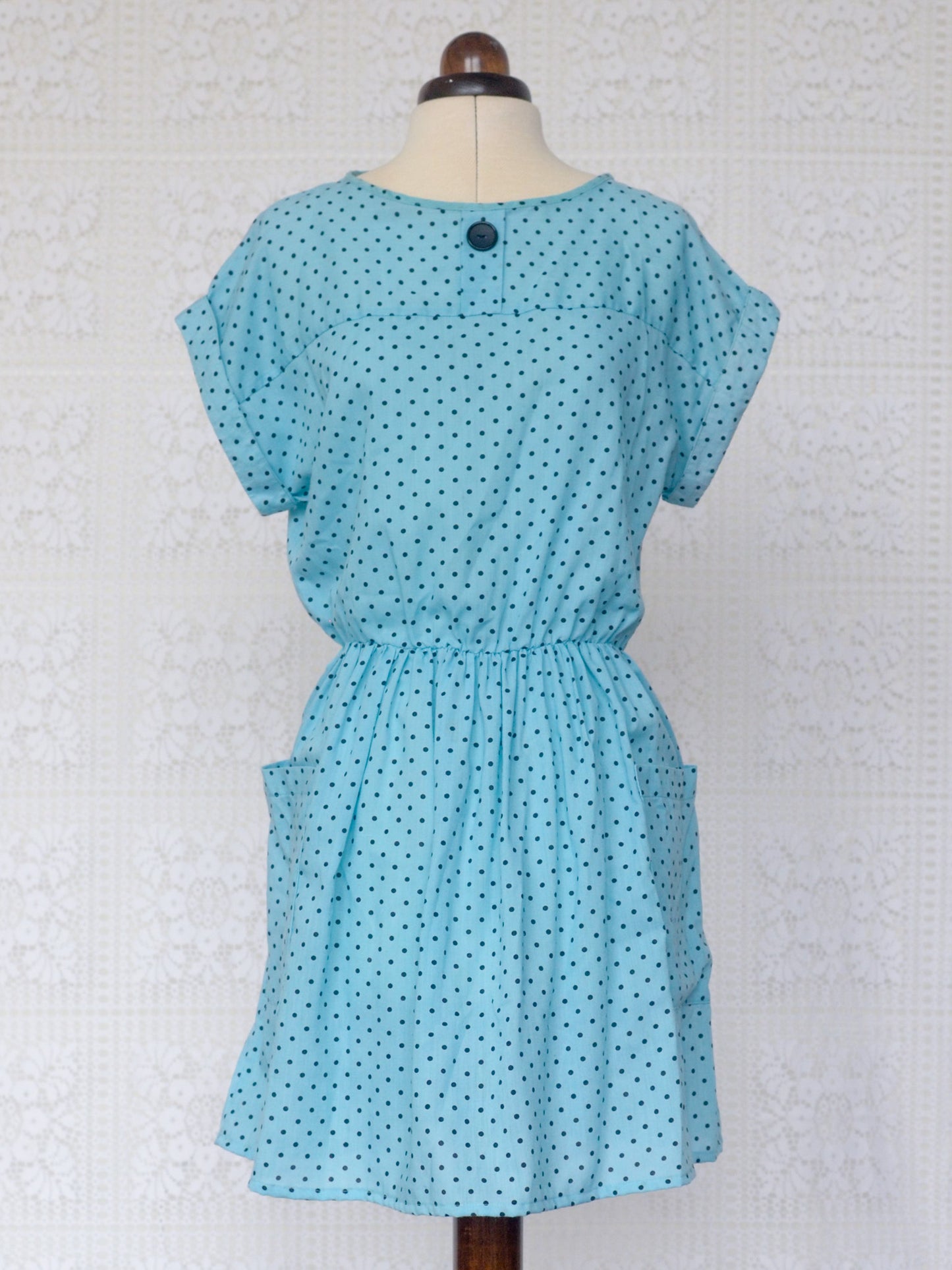 1980s C&A light blue and black polkadot mini dress