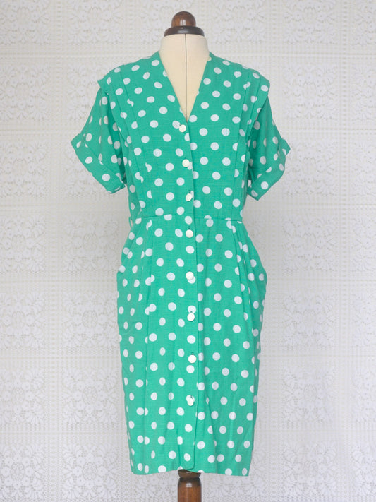1980s green and white polkadot short sleeve wiggle dress