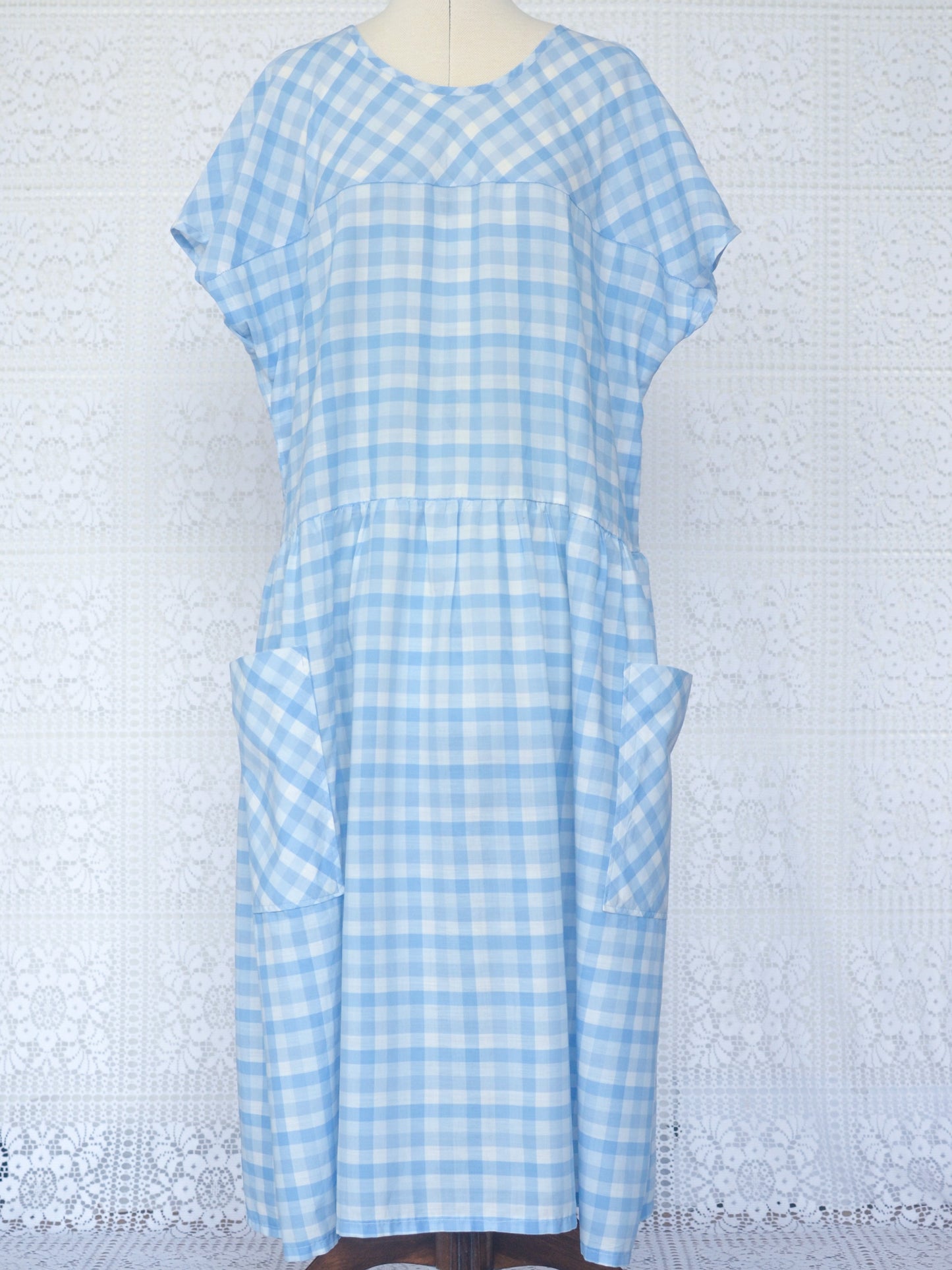 1980s style pale blue and white gingham smock dress with pockets
