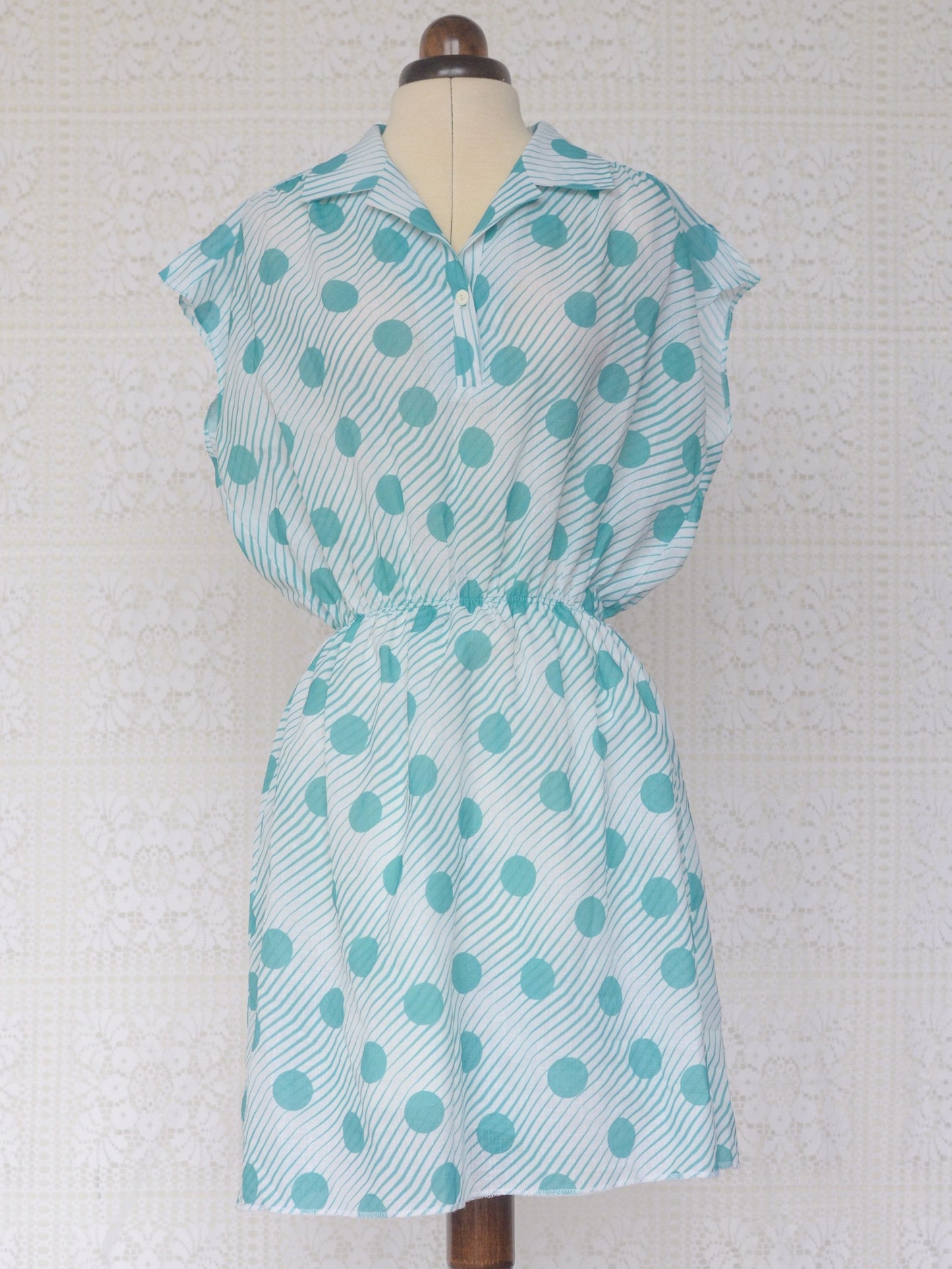 1980s white and turquoise polkadot and stripe short sleeve mini dress