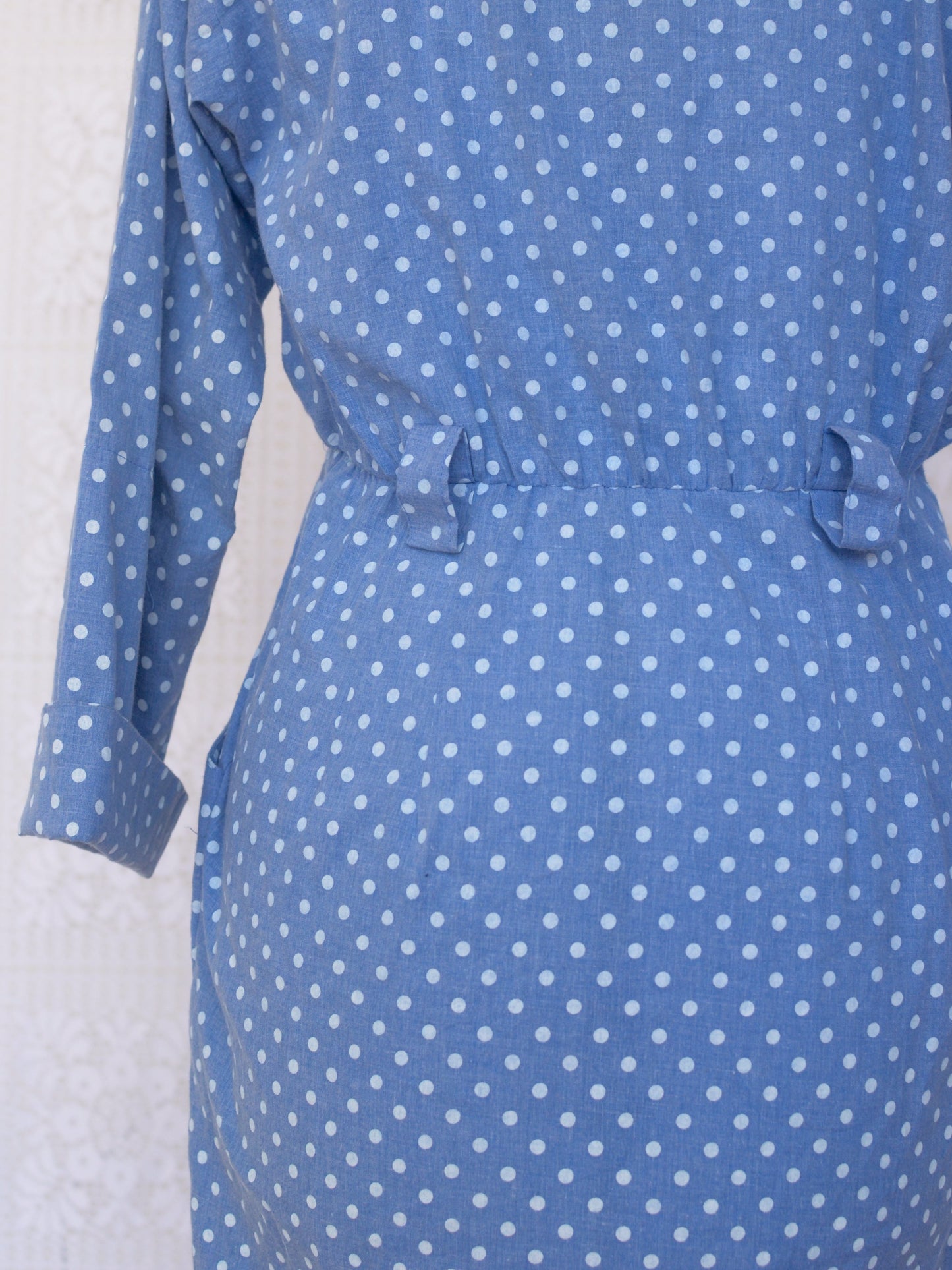 1980s style light blue chambray polkadot cotton fitted shirt dress