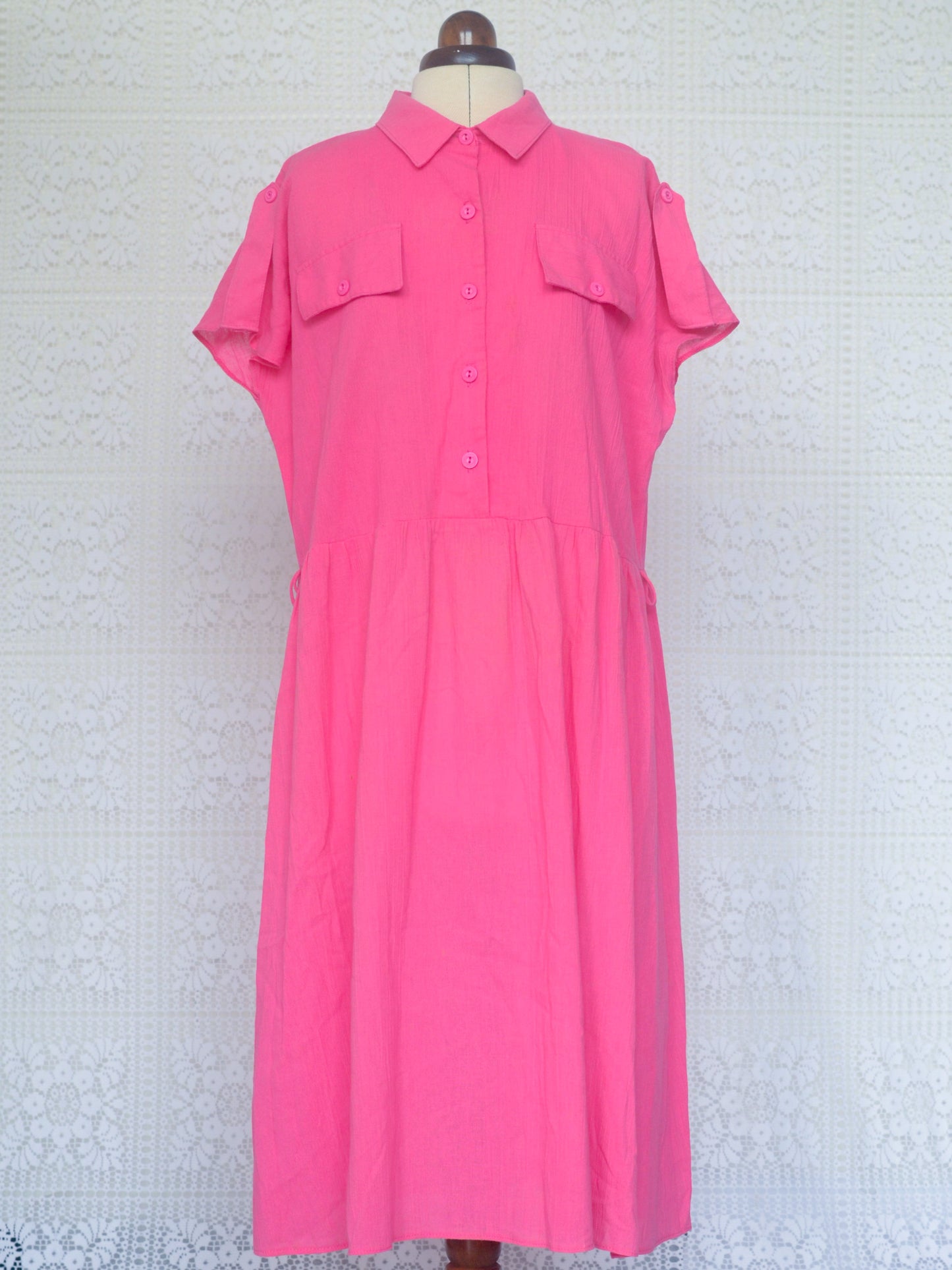 1980s bright pink short sleeve shirt smock dress