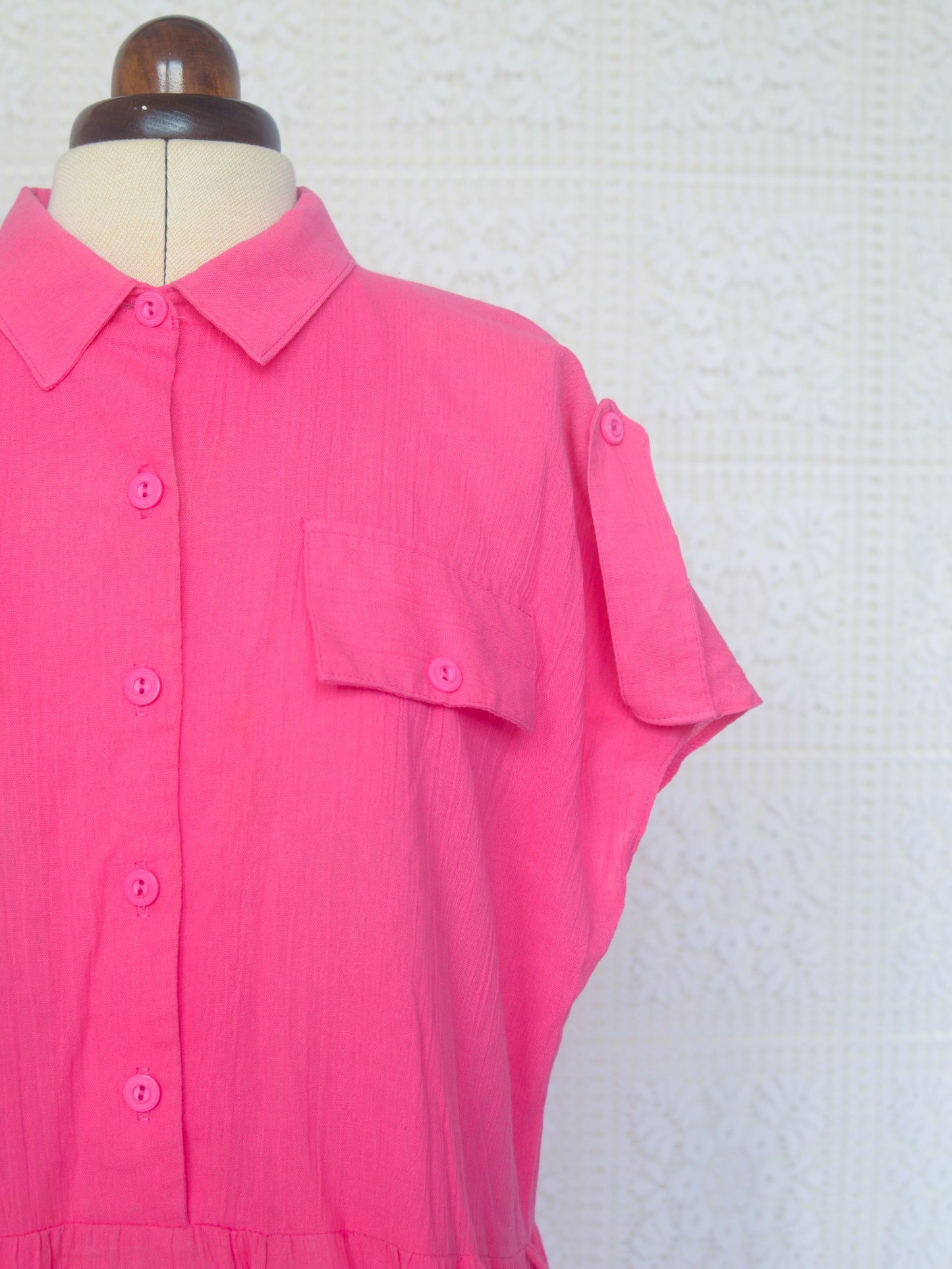 1980s bright pink short sleeve shirt smock dress