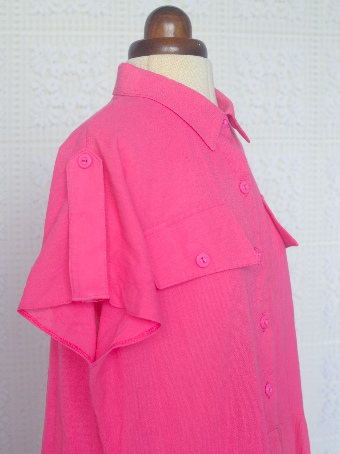 1980s bright pink short sleeve shirt smock dress