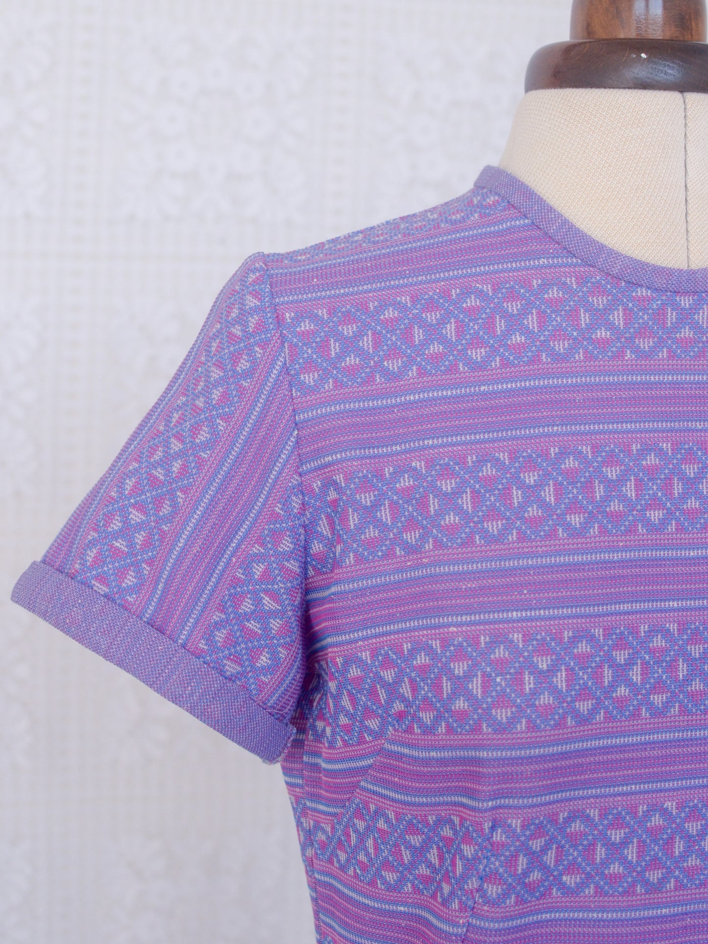 1960s purple and pink stripe geometric pattern midi shift dress