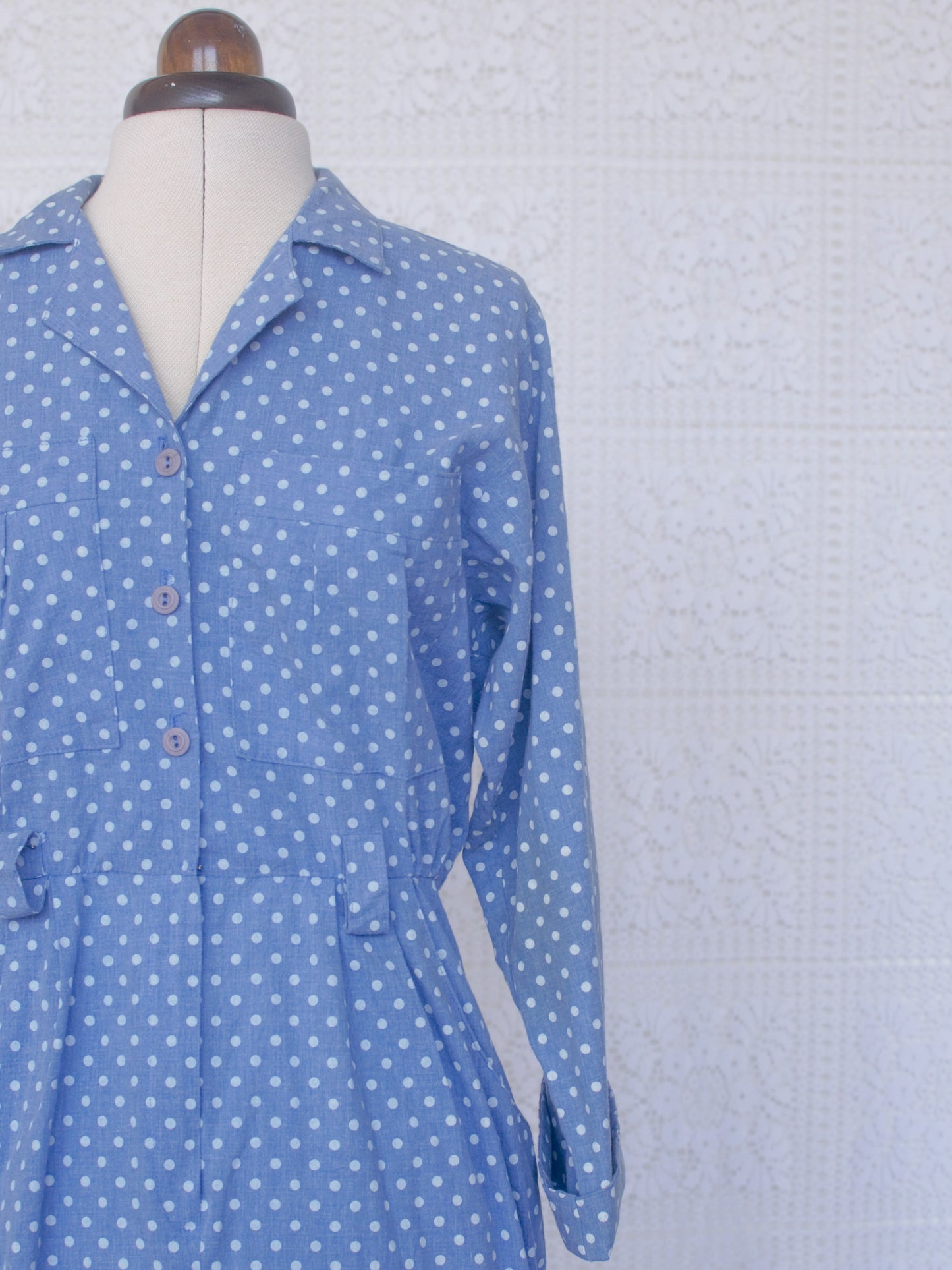 1980s style light blue chambray polkadot cotton fitted shirt dress