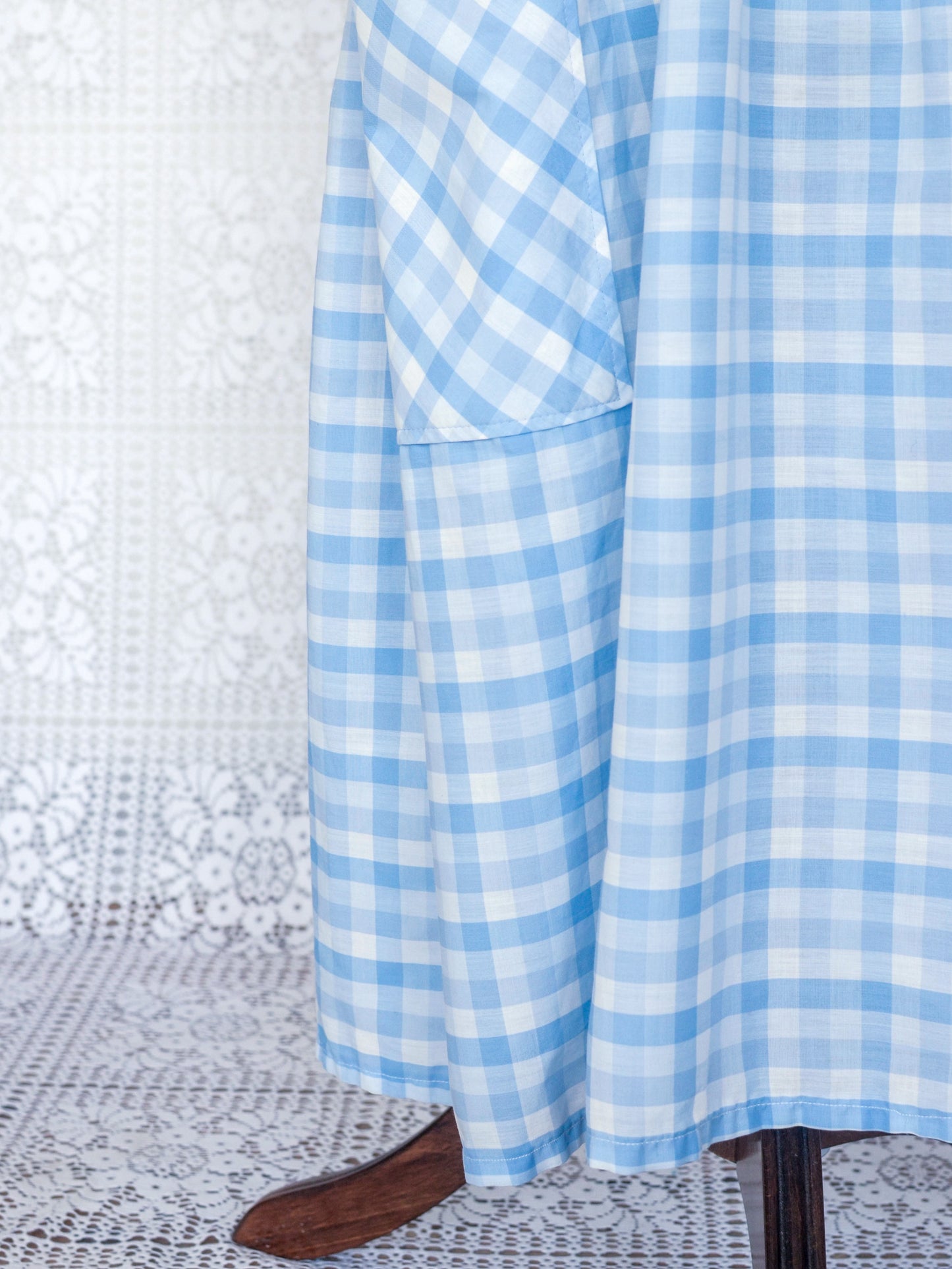 1980s style pale blue and white gingham smock dress with pockets