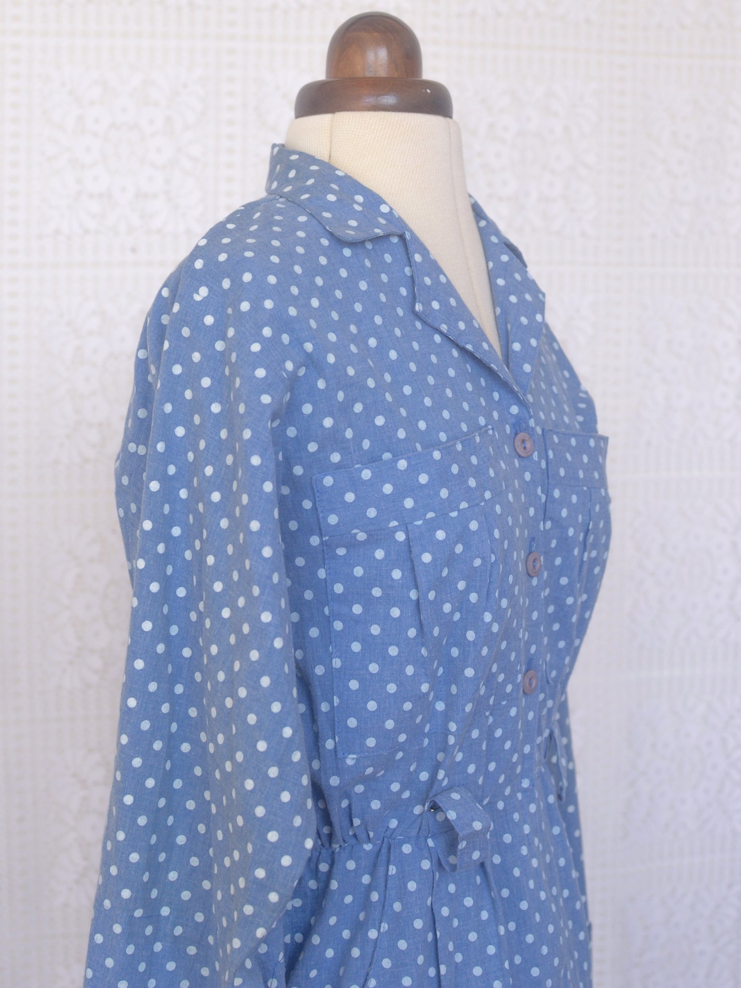 1980s style light blue chambray polkadot cotton fitted shirt dress