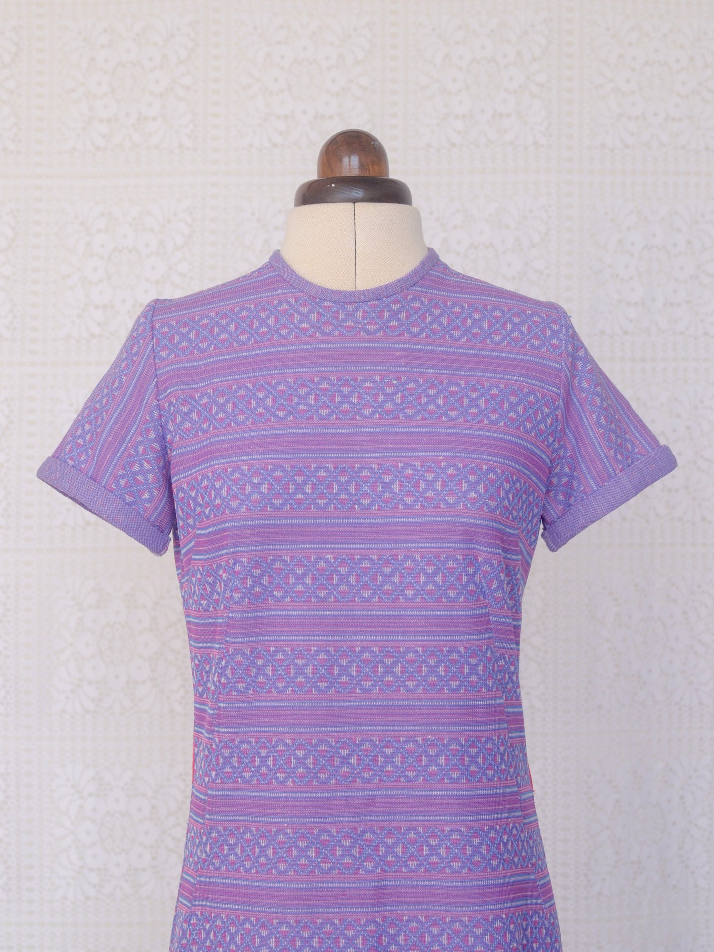 1960s purple and pink stripe geometric pattern midi shift dress