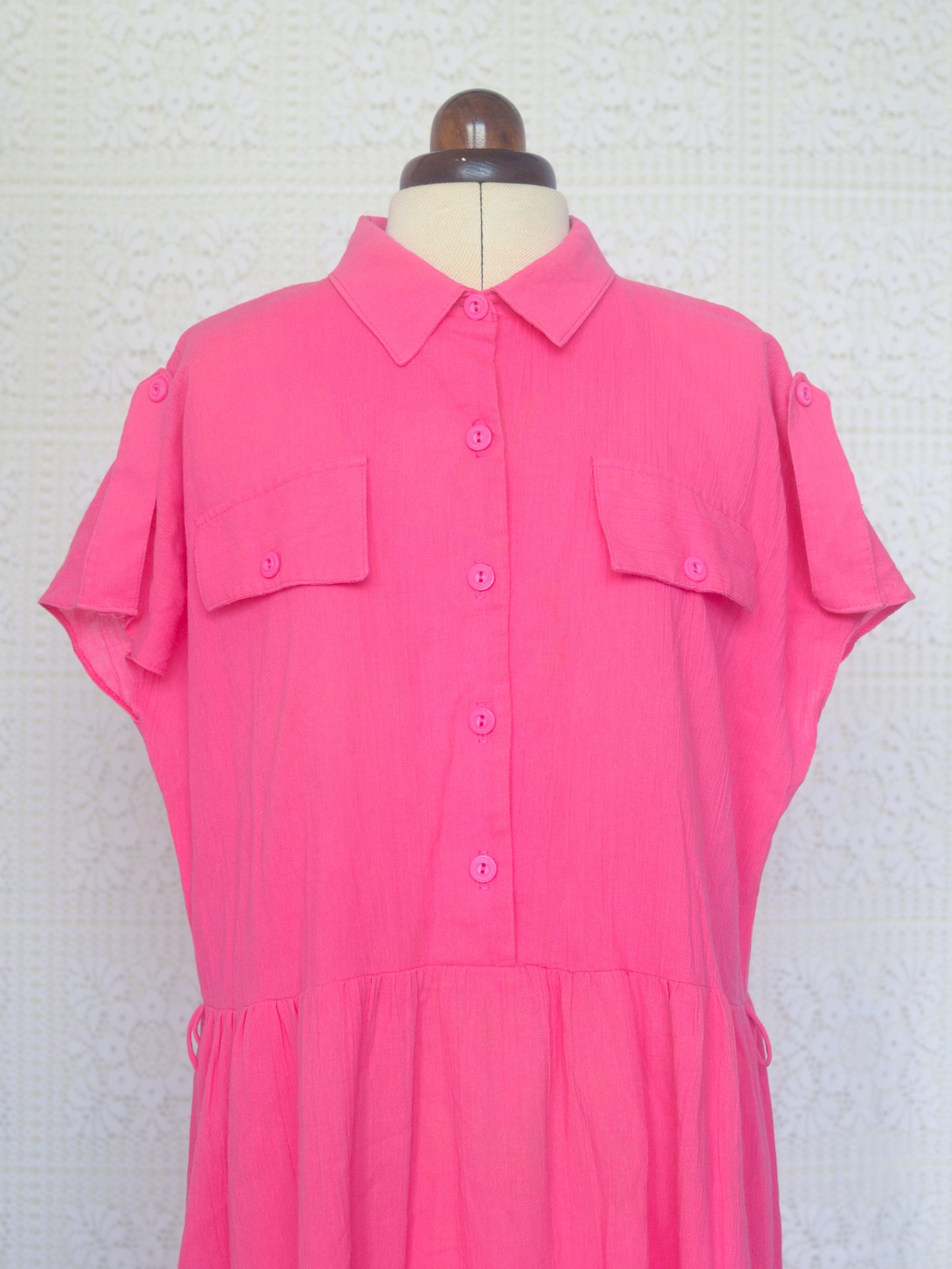 1980s bright pink short sleeve shirt smock dress