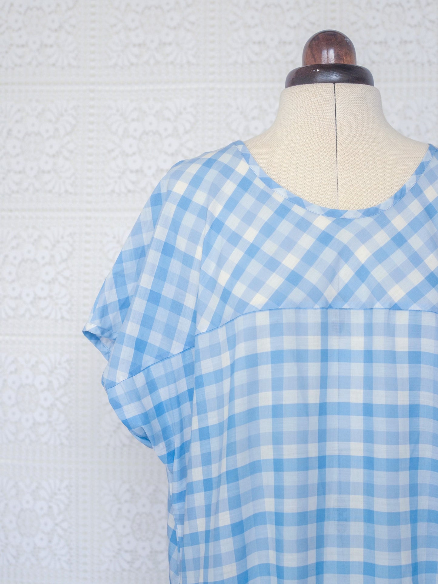 1980s style pale blue and white gingham smock dress with pockets