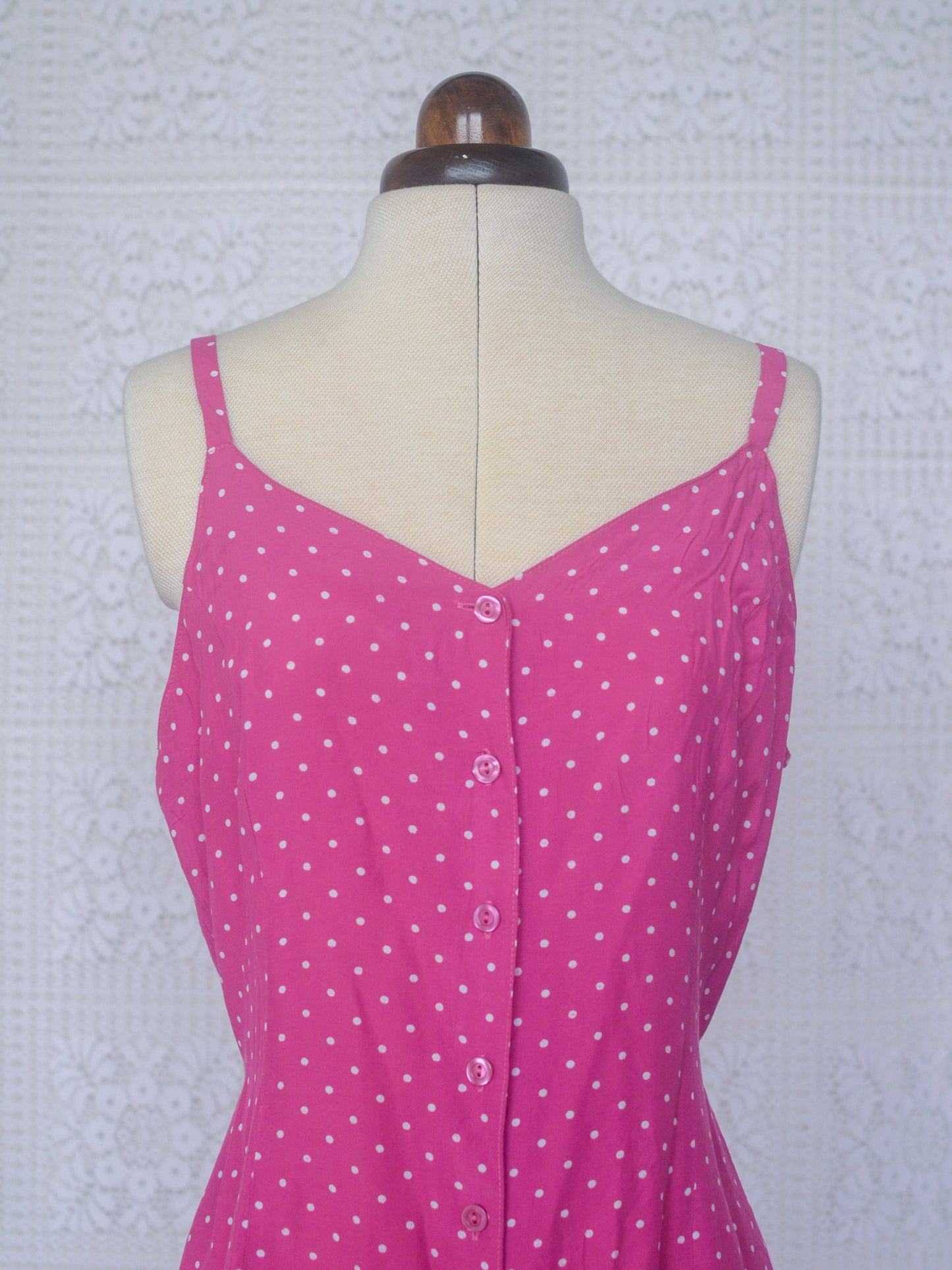 1990s pink and white strappy polkadot midi dress