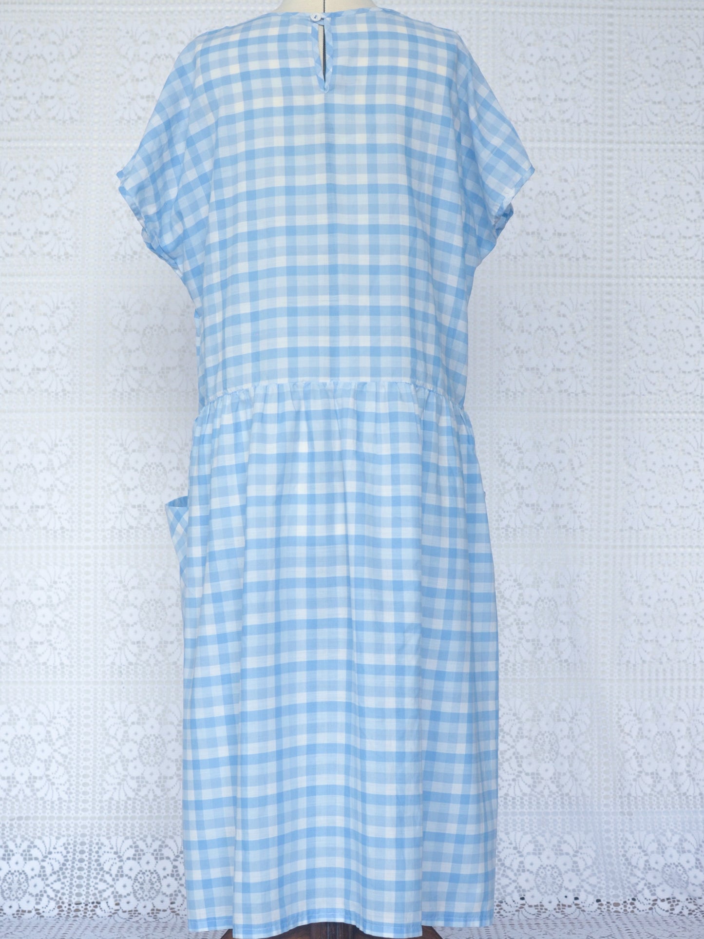 1980s style pale blue and white gingham smock dress with pockets