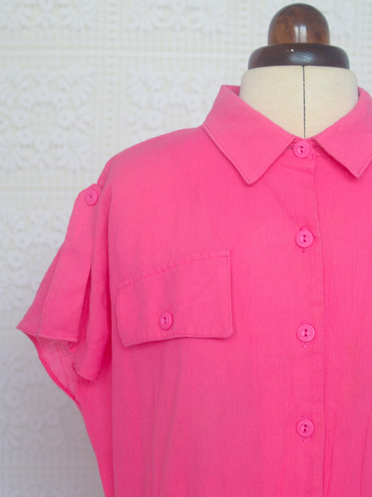 1980s bright pink short sleeve shirt smock dress