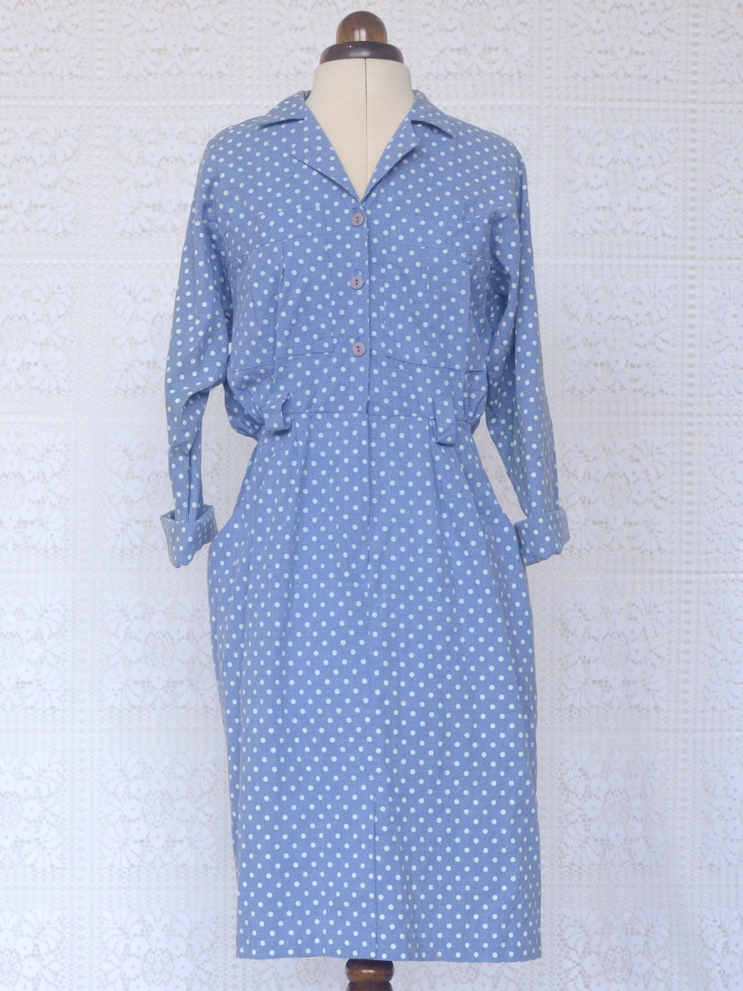 1980s style light blue chambray polkadot cotton fitted shirt dress