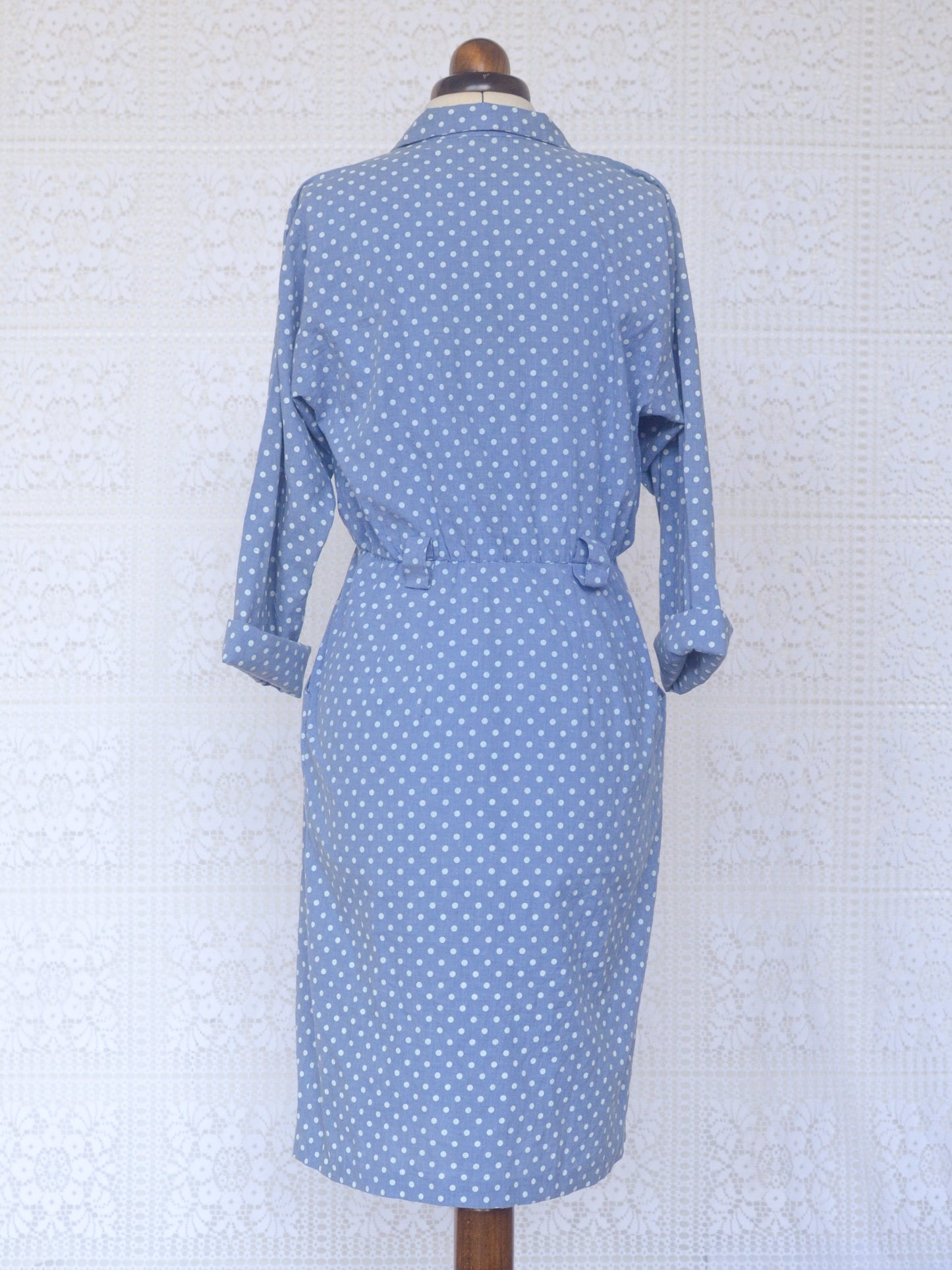 1980s style light blue chambray polkadot cotton fitted shirt dress