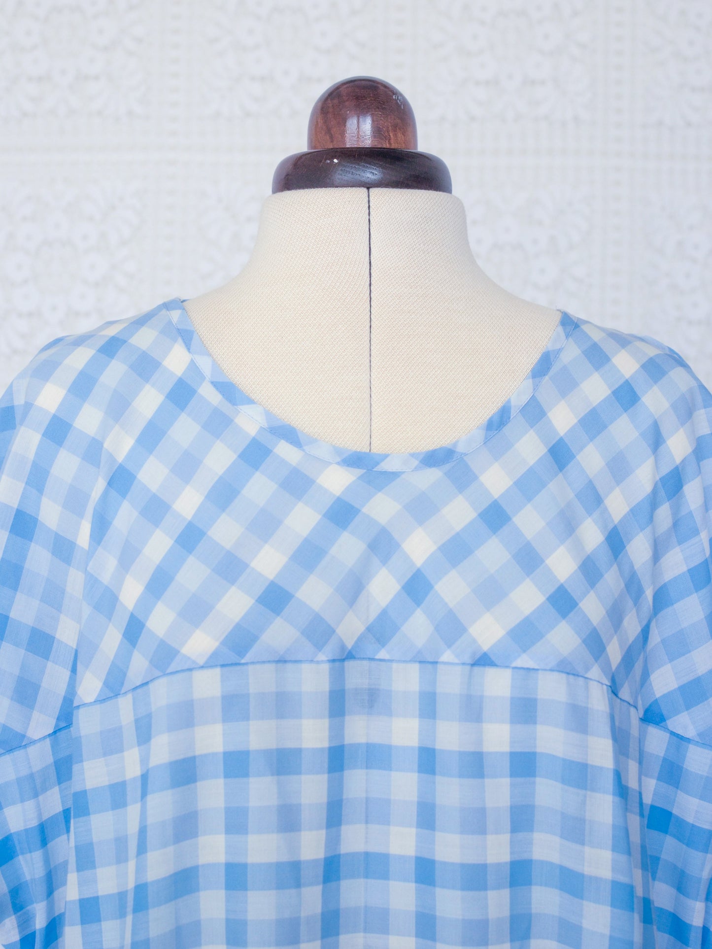 1980s style pale blue and white gingham smock dress with pockets