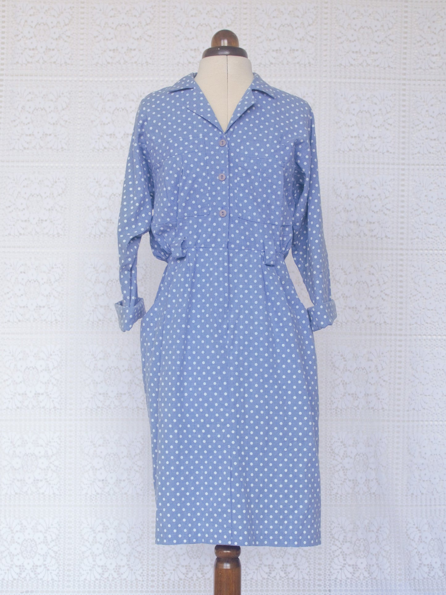1980s style light blue chambray polkadot cotton fitted shirt dress
